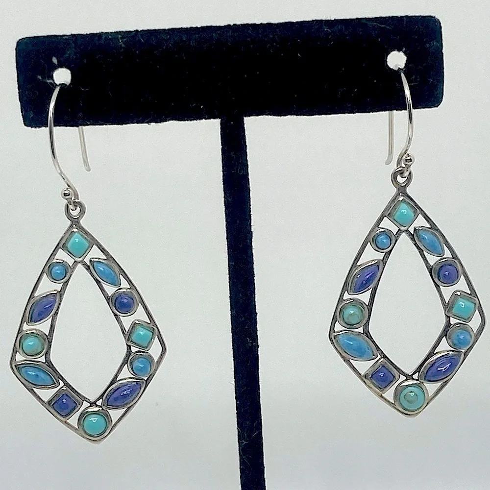 Vtg 925 Sterling Silver & Multi Colour Blue Turqouise Dangle Earrings | 2.2” - Picture 2 of 13